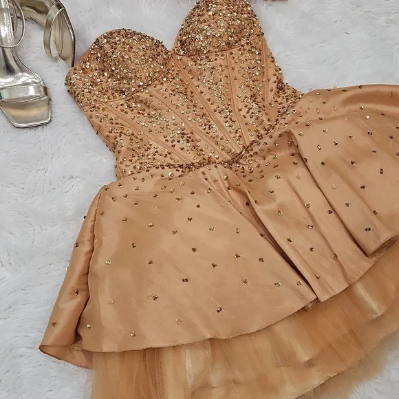 Bundle-Gold Strapless Party Dress with Scarf & Heels - Picture 2 of 14